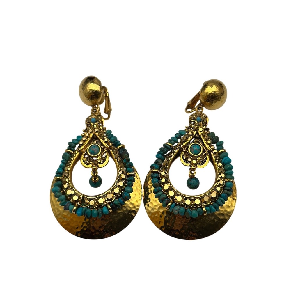 Vintage Barrera Hammered Turquoise Beaded Teardrop Clip On Drop Earrings
